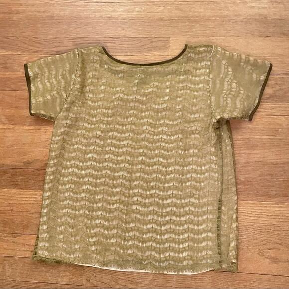 J. Crew olive green mesh cream short sleeve brown trim blouse shirt top sz M b26 - Picture 3 of 3